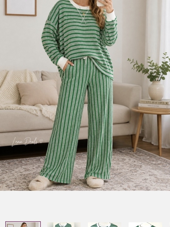 Zenana Outfitters Pants - Cozy Olive Green Striped Knit Lounge Pant Set - Relaxed Wide Leg Brand NEW